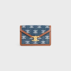 WALLET ON CHAIN MARGO in DENIM WITH TRIOMPHE ALL-OVER EMBROIDERY AND CALFSKIN