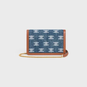 WALLET ON CHAIN MARGO in DENIM WITH TRIOMPHE ALL-OVER EMBROIDERY AND CALFSKIN