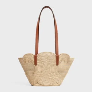 CELINE CLASSIC PANIER SMALL BRAIDED TRIOMPHE in RAFFIA and CALFSKIN